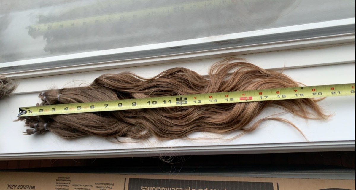 ponytails of hair lay with a measuring tap to show their length